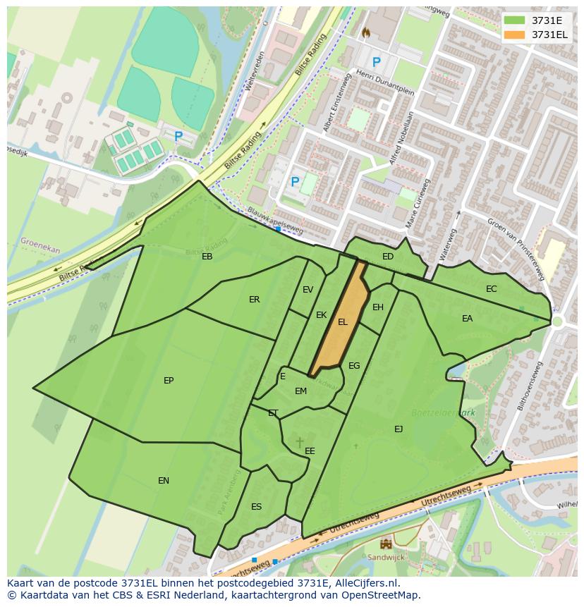 Afbeelding van het postcodegebied 3731 EL op de kaart.