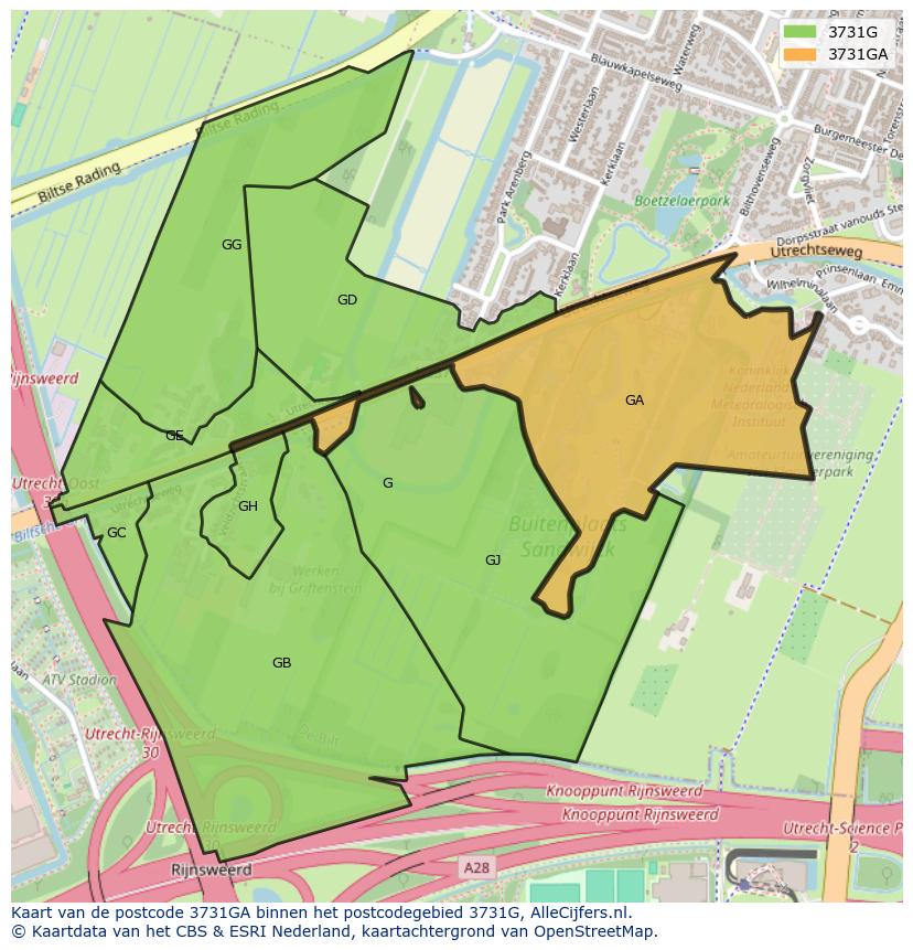 Afbeelding van het postcodegebied 3731 GA op de kaart.