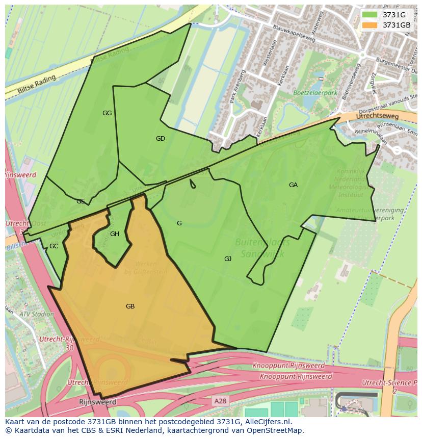 Afbeelding van het postcodegebied 3731 GB op de kaart.