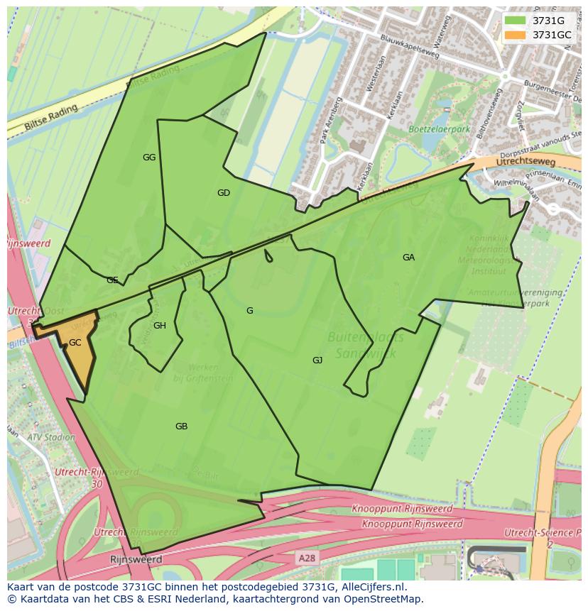 Afbeelding van het postcodegebied 3731 GC op de kaart.