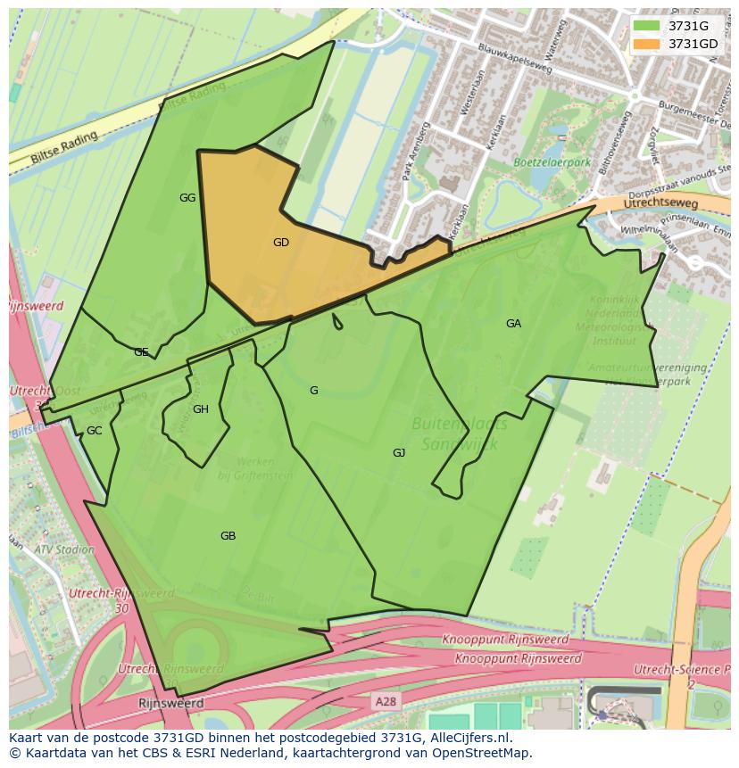 Afbeelding van het postcodegebied 3731 GD op de kaart.