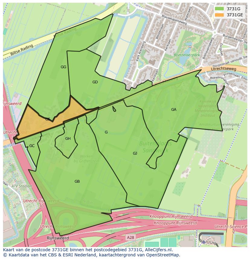 Afbeelding van het postcodegebied 3731 GE op de kaart.