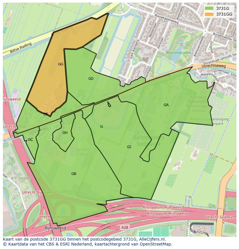 Afbeelding van het postcodegebied 3731 GG op de kaart.