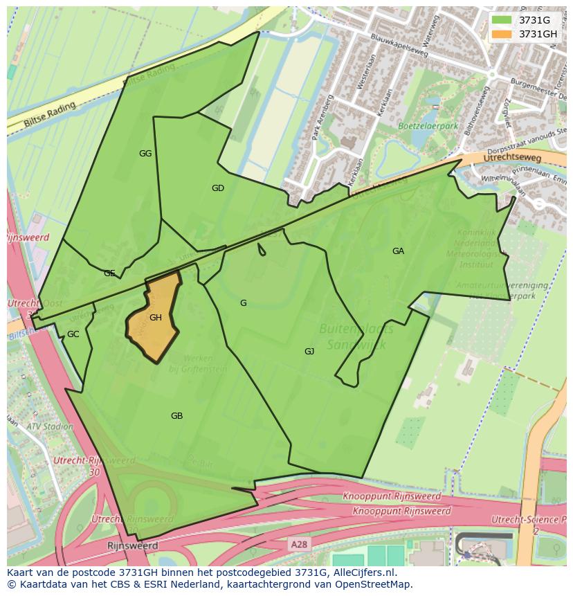 Afbeelding van het postcodegebied 3731 GH op de kaart.