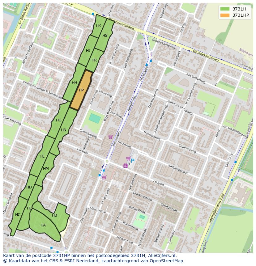 Afbeelding van het postcodegebied 3731 HP op de kaart.