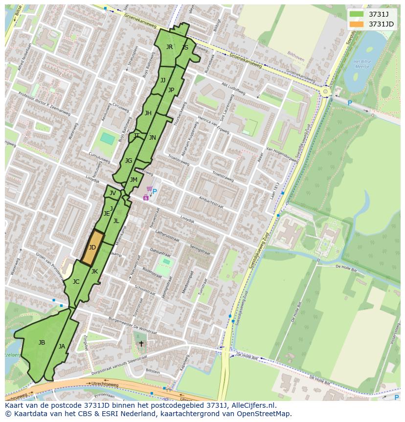 Afbeelding van het postcodegebied 3731 JD op de kaart.