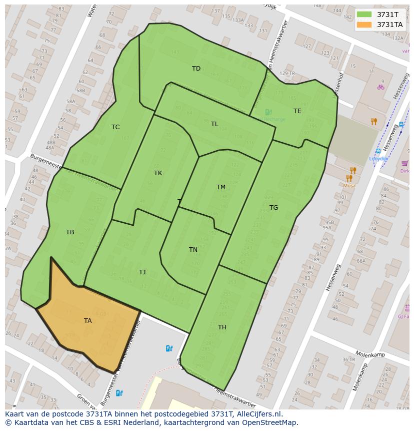 Afbeelding van het postcodegebied 3731 TA op de kaart.