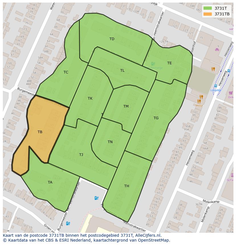 Afbeelding van het postcodegebied 3731 TB op de kaart.