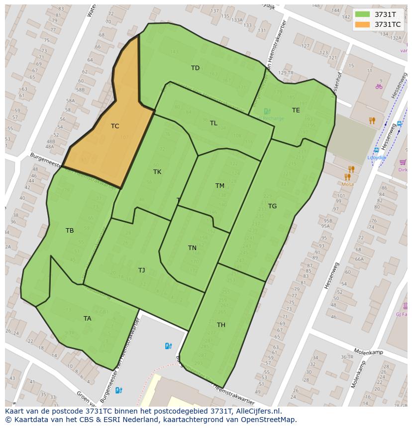 Afbeelding van het postcodegebied 3731 TC op de kaart.