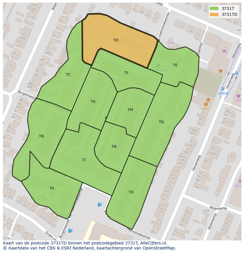 Afbeelding van het postcodegebied 3731 TD op de kaart.