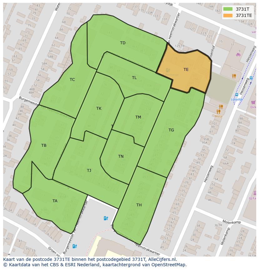 Afbeelding van het postcodegebied 3731 TE op de kaart.