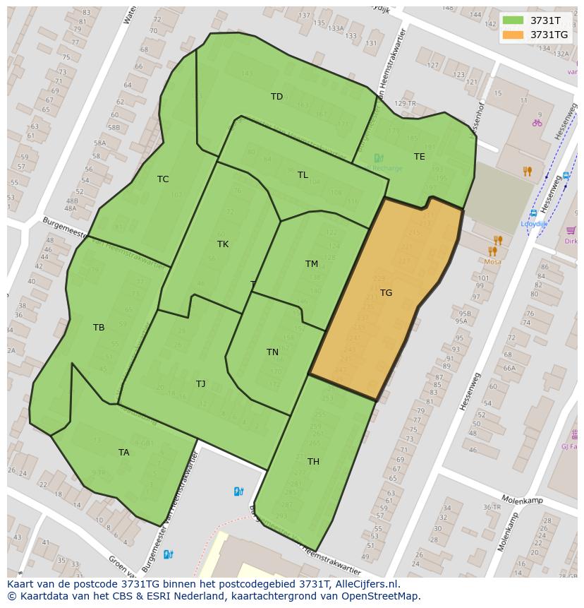 Afbeelding van het postcodegebied 3731 TG op de kaart.