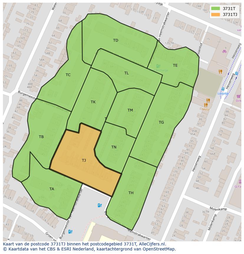 Afbeelding van het postcodegebied 3731 TJ op de kaart.
