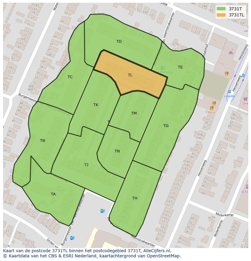 Afbeelding van het postcodegebied 3731 TL op de kaart.