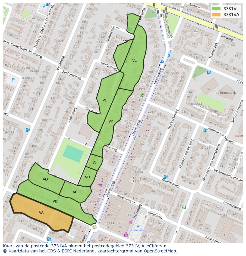 Afbeelding van het postcodegebied 3731 VA op de kaart.