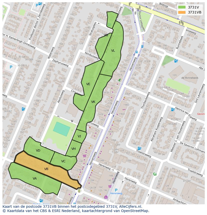 Afbeelding van het postcodegebied 3731 VB op de kaart.