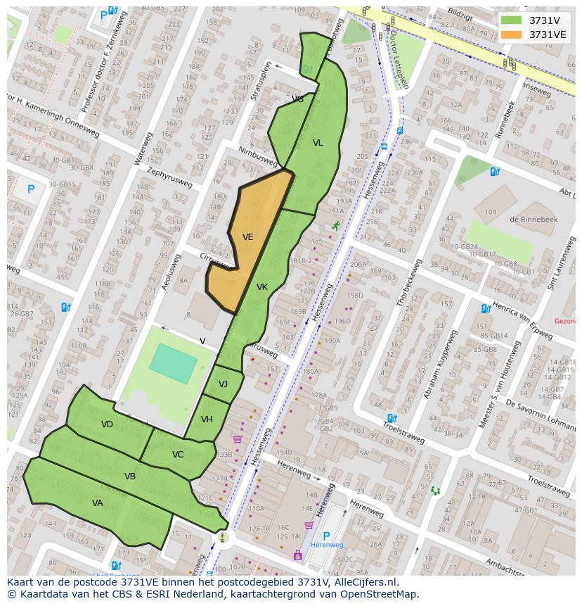 Afbeelding van het postcodegebied 3731 VE op de kaart.