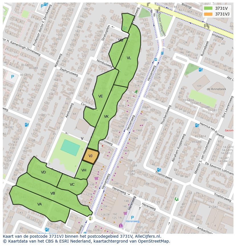Afbeelding van het postcodegebied 3731 VJ op de kaart.