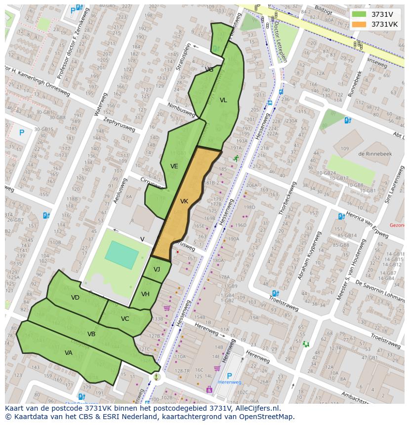 Afbeelding van het postcodegebied 3731 VK op de kaart.