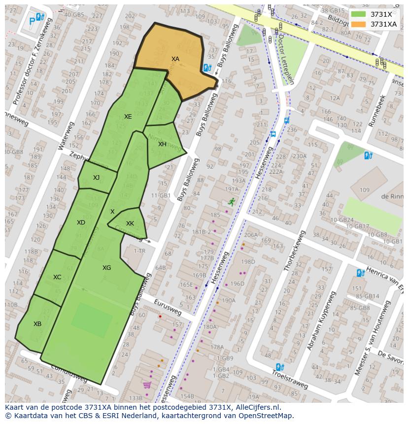 Afbeelding van het postcodegebied 3731 XA op de kaart.