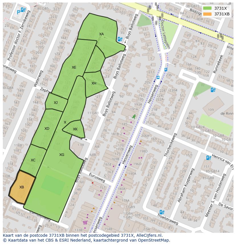 Afbeelding van het postcodegebied 3731 XB op de kaart.