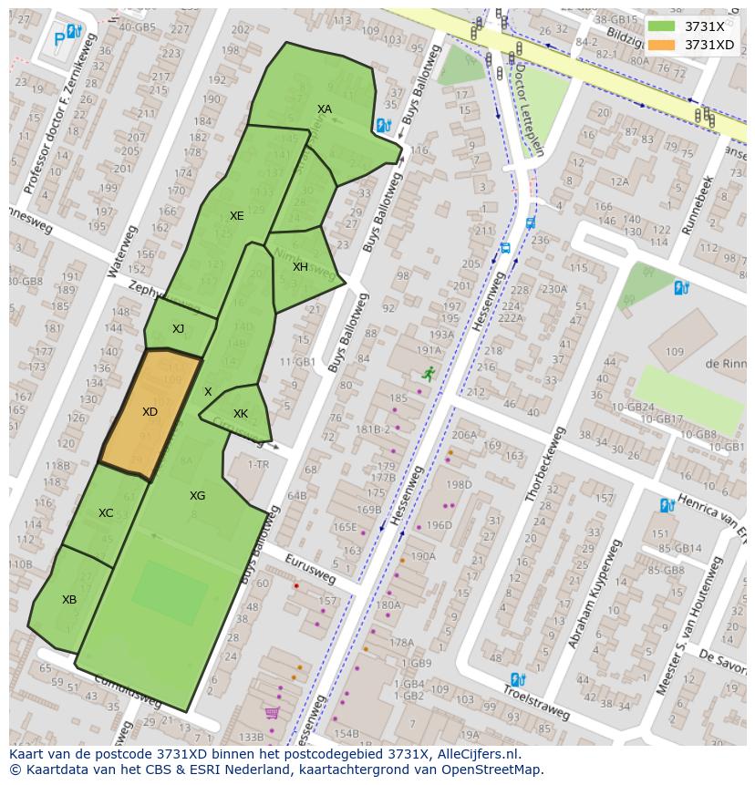 Afbeelding van het postcodegebied 3731 XD op de kaart.