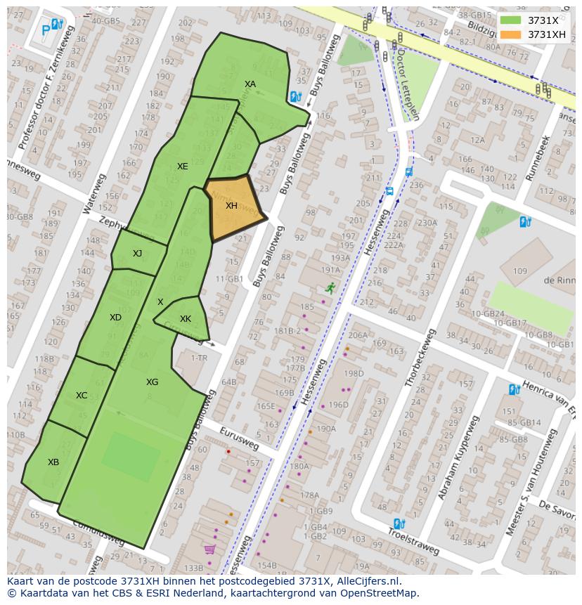 Afbeelding van het postcodegebied 3731 XH op de kaart.