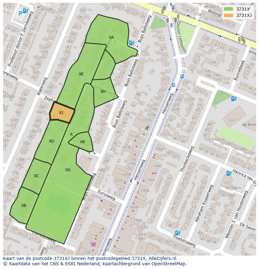 Afbeelding van het postcodegebied 3731 XJ op de kaart.
