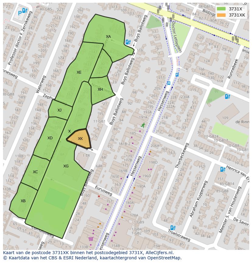 Afbeelding van het postcodegebied 3731 XK op de kaart.