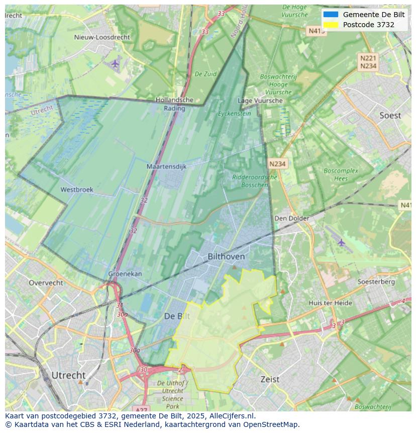 Afbeelding van het postcodegebied 3732 op de kaart.