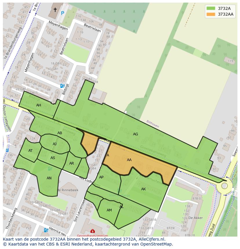Afbeelding van het postcodegebied 3732 AA op de kaart.