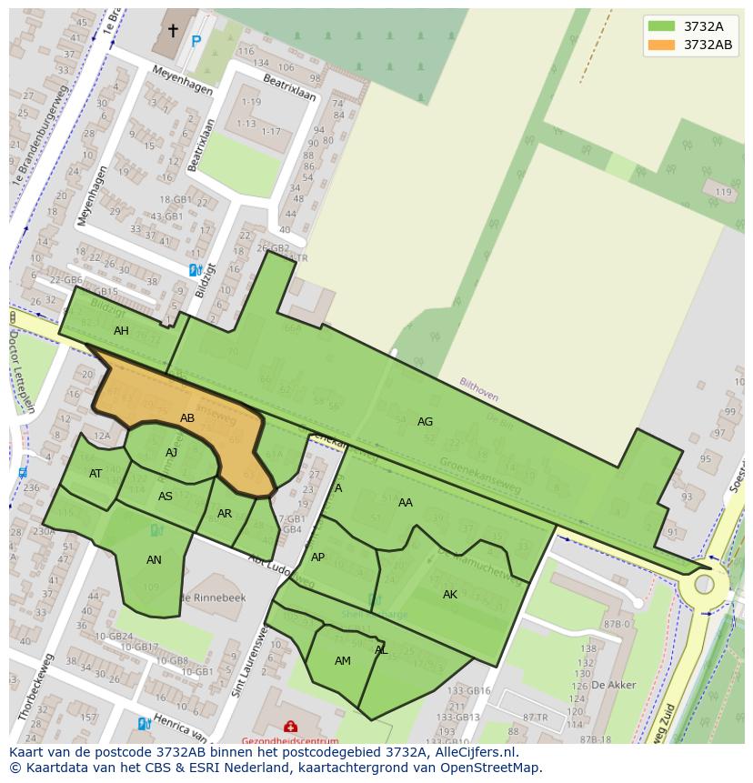 Afbeelding van het postcodegebied 3732 AB op de kaart.