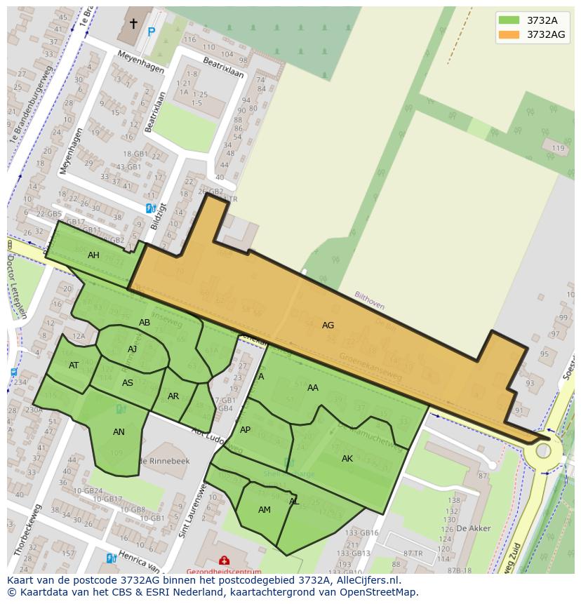 Afbeelding van het postcodegebied 3732 AG op de kaart.