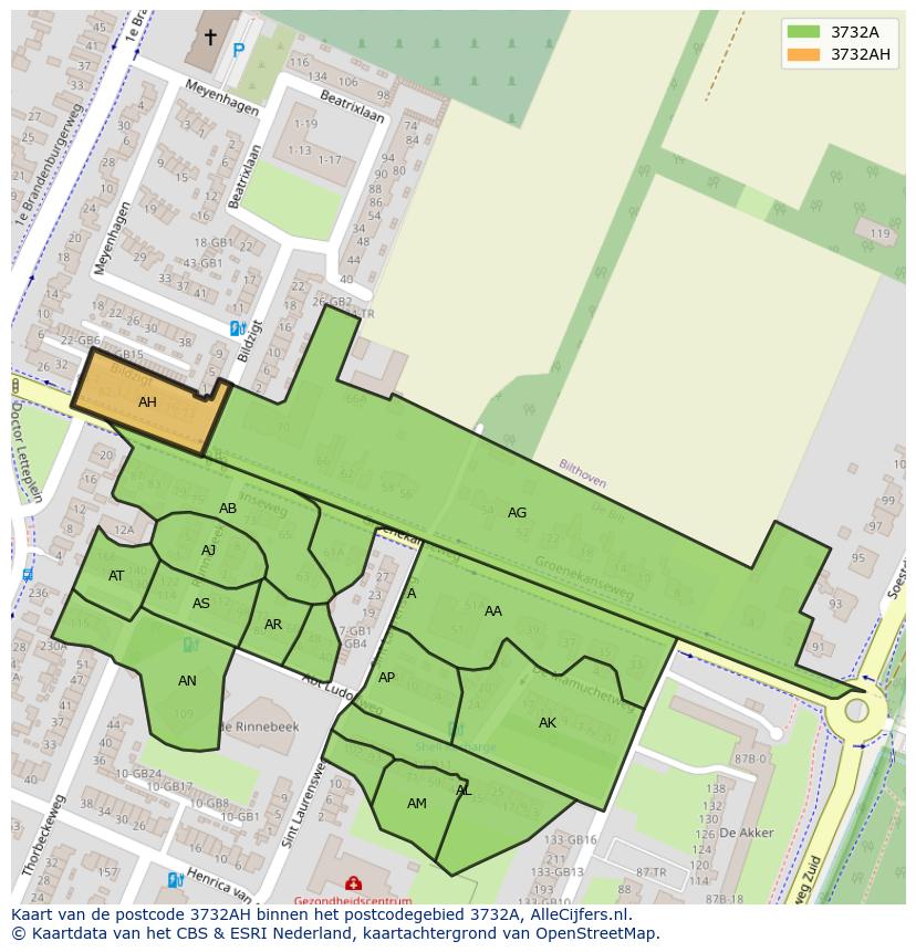 Afbeelding van het postcodegebied 3732 AH op de kaart.