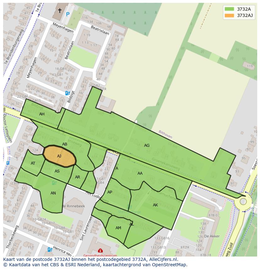 Afbeelding van het postcodegebied 3732 AJ op de kaart.