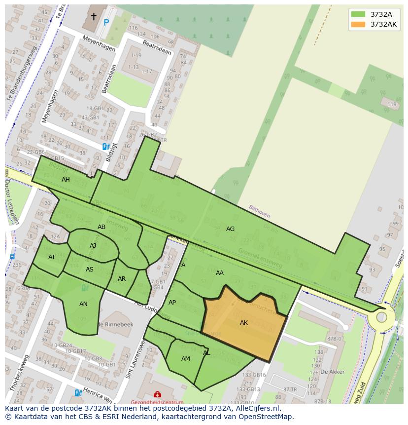 Afbeelding van het postcodegebied 3732 AK op de kaart.