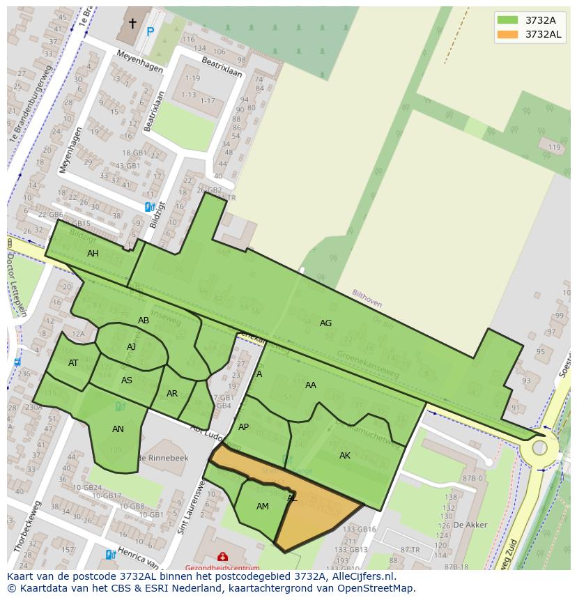 Afbeelding van het postcodegebied 3732 AL op de kaart.