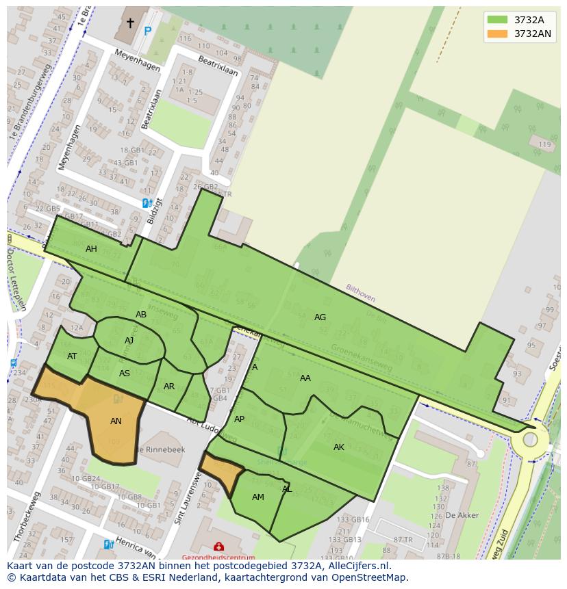 Afbeelding van het postcodegebied 3732 AN op de kaart.