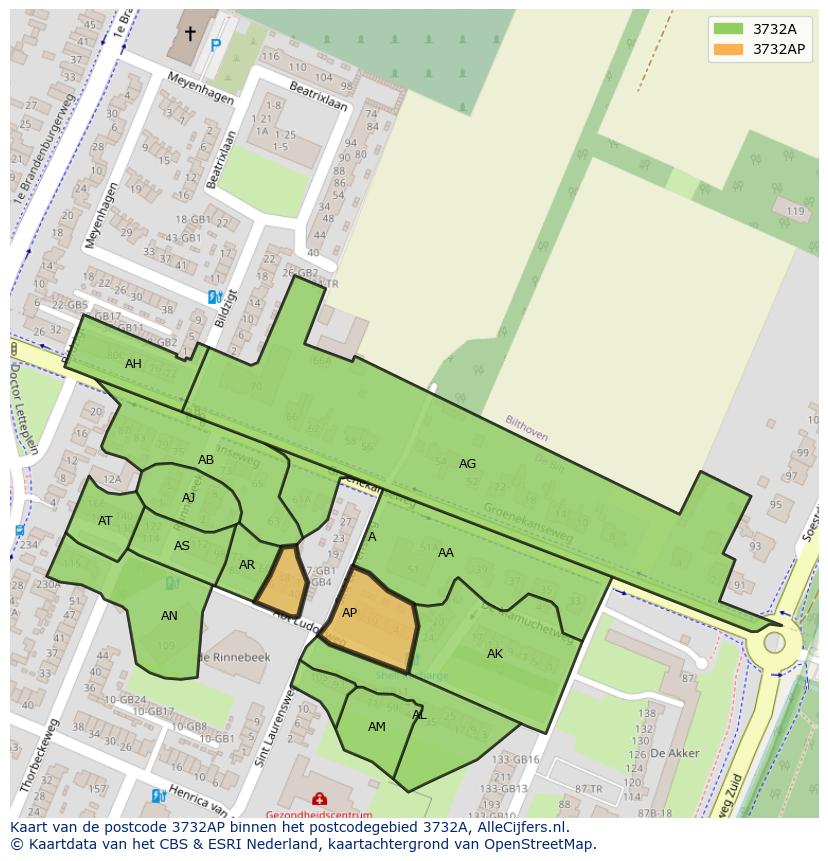 Afbeelding van het postcodegebied 3732 AP op de kaart.