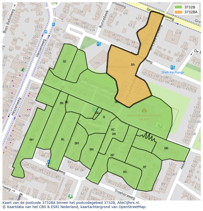 Afbeelding van het postcodegebied 3732 BA op de kaart.
