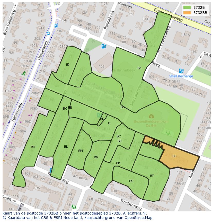 Afbeelding van het postcodegebied 3732 BB op de kaart.