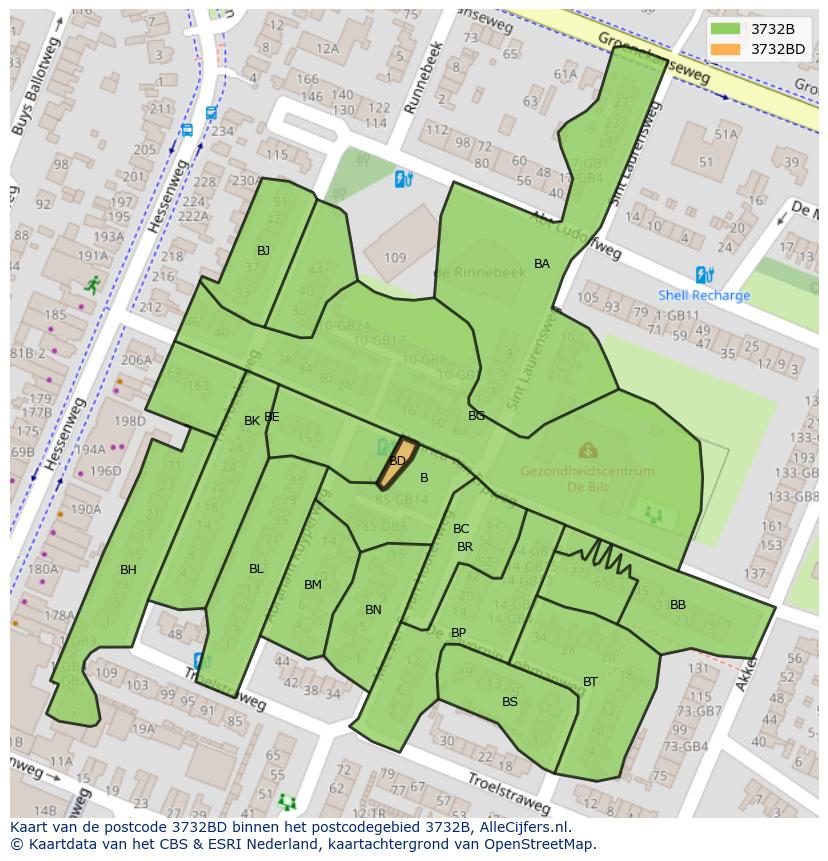 Afbeelding van het postcodegebied 3732 BD op de kaart.