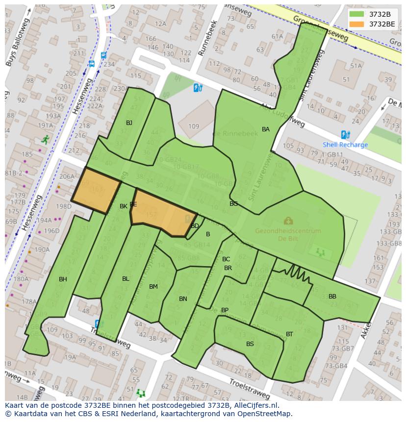Afbeelding van het postcodegebied 3732 BE op de kaart.