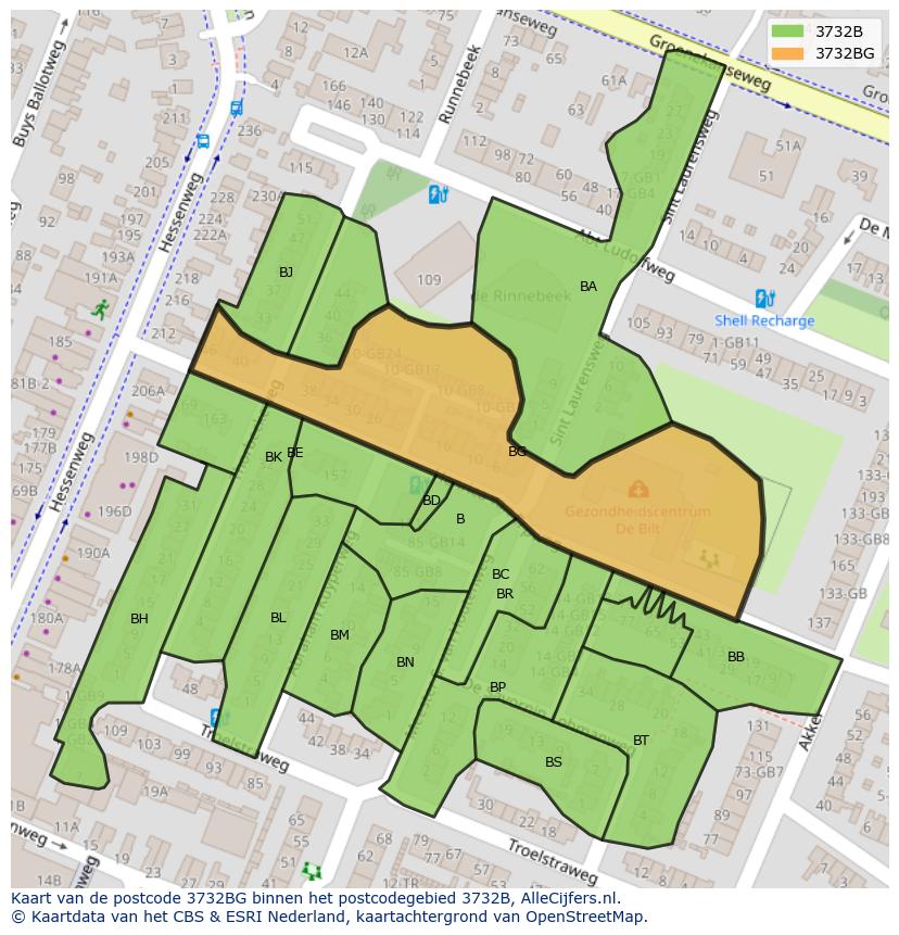 Afbeelding van het postcodegebied 3732 BG op de kaart.
