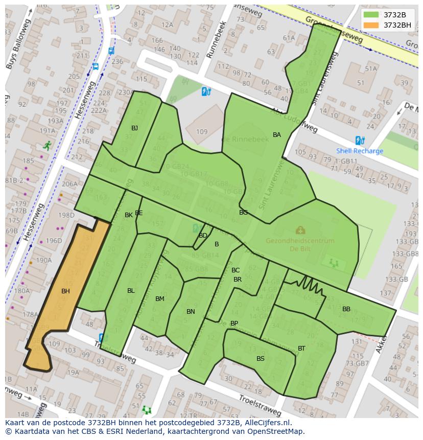 Afbeelding van het postcodegebied 3732 BH op de kaart.