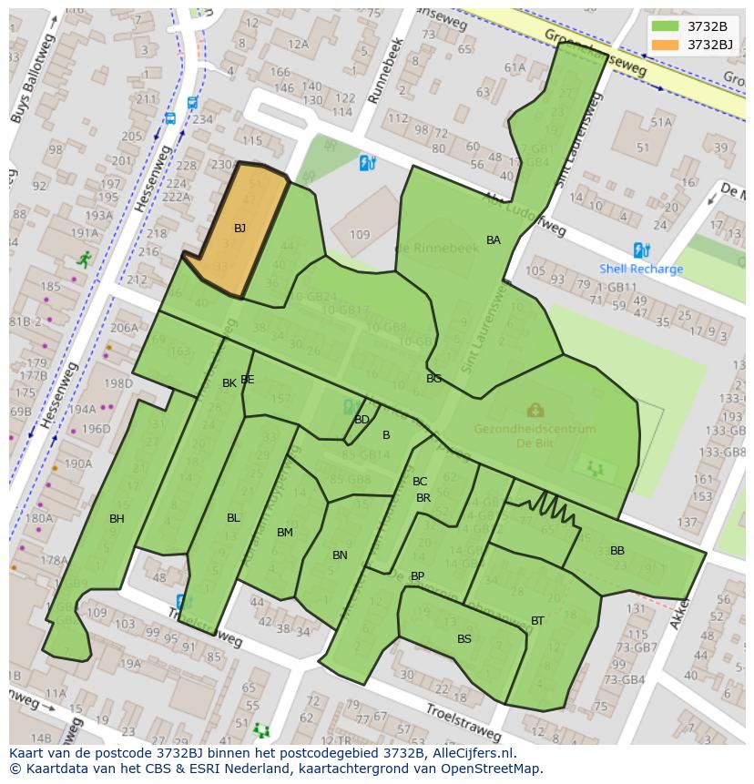 Afbeelding van het postcodegebied 3732 BJ op de kaart.
