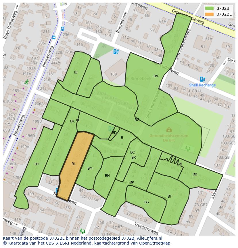 Afbeelding van het postcodegebied 3732 BL op de kaart.