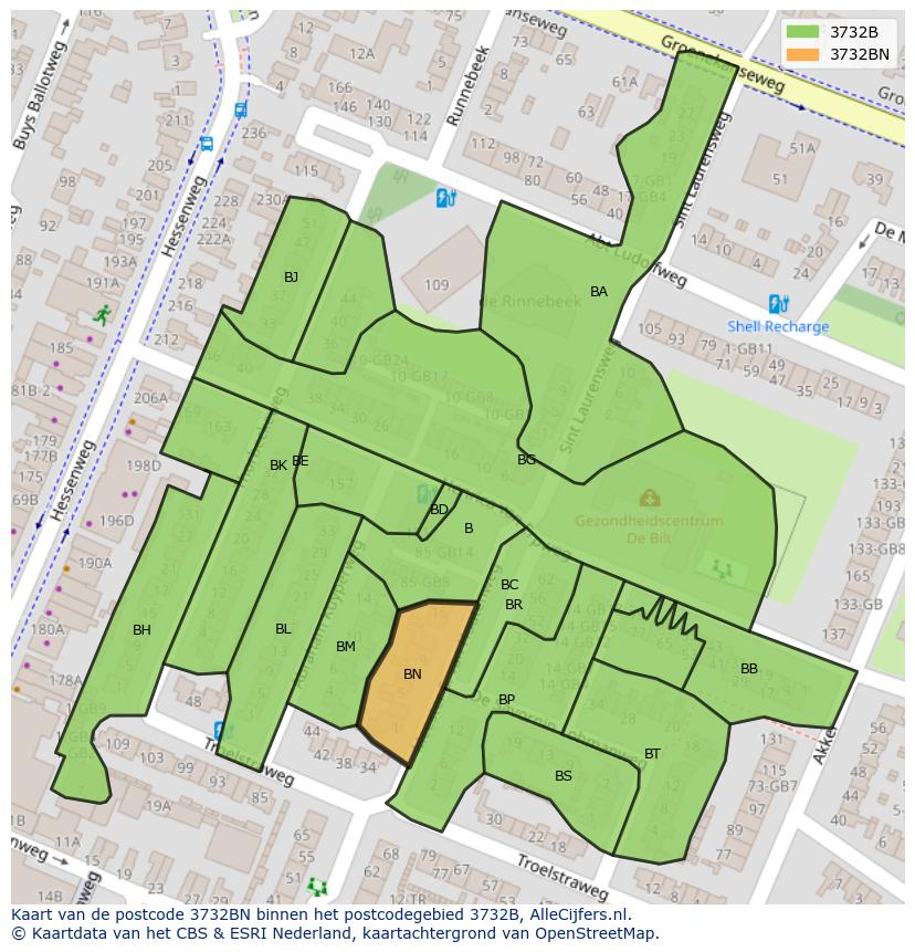 Afbeelding van het postcodegebied 3732 BN op de kaart.