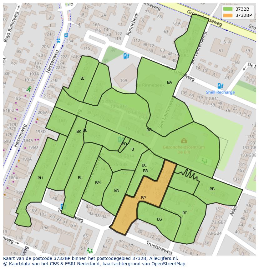 Afbeelding van het postcodegebied 3732 BP op de kaart.