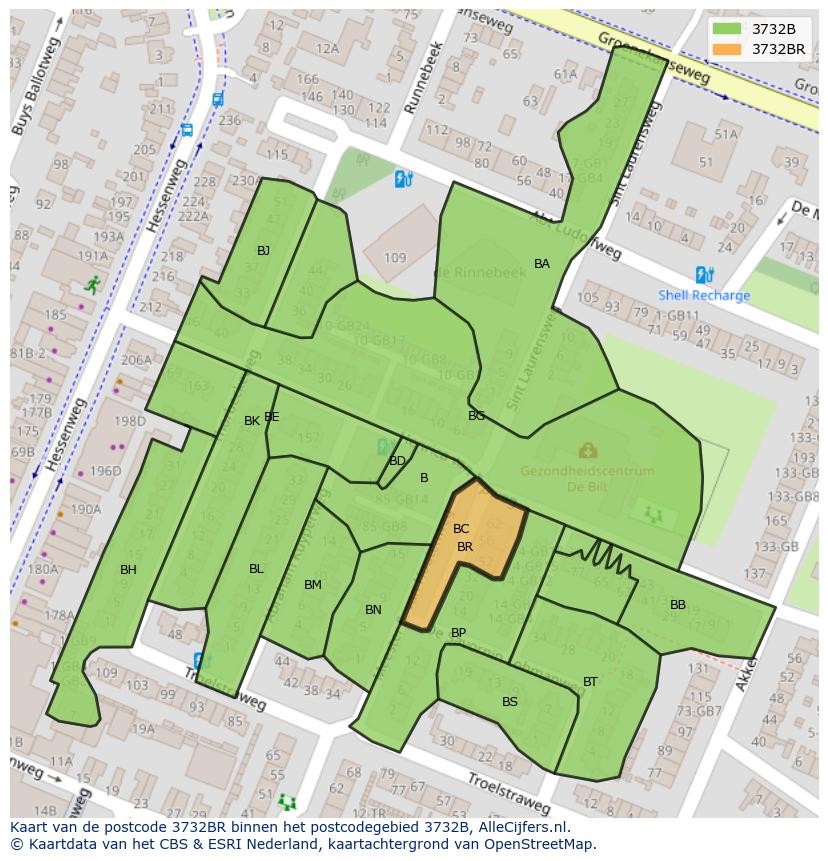 Afbeelding van het postcodegebied 3732 BR op de kaart.